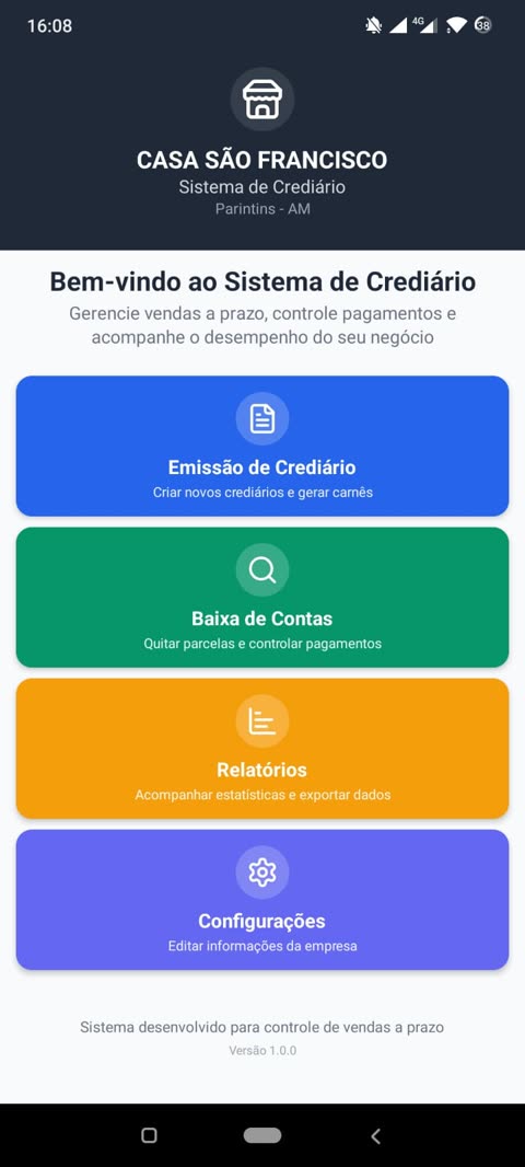 Tela inicial do app de crediário