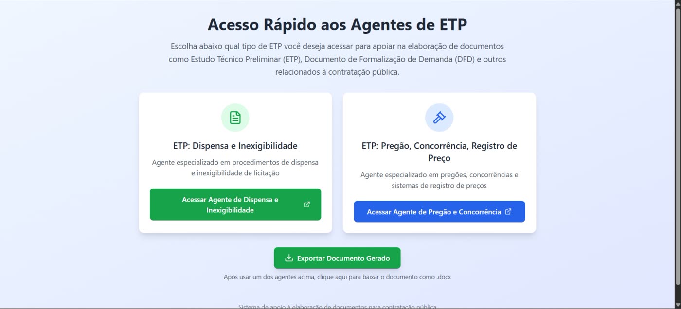 Tela de acesso aos agentes de ETP
